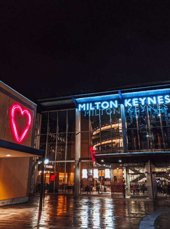 Milton Keynes Theatre and MK Gallery at night in the rain