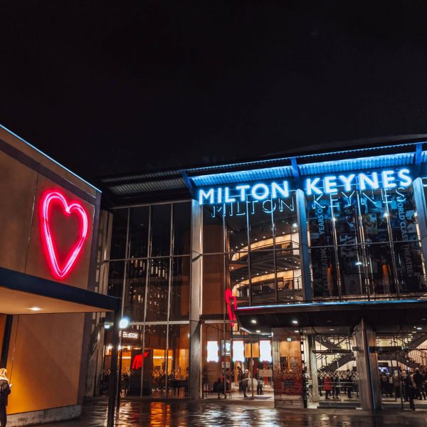 Milton Keynes Theatre and MK Gallery at night in the rain